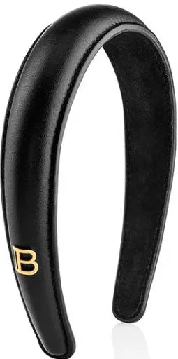 Black Leather Puffed Headband with Gold Plated Logo
